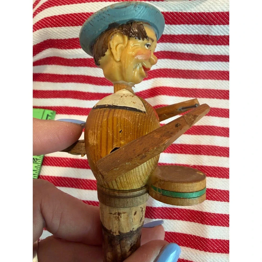 Vintage Hand Carved Wood Mechanical Drummer Bottle Stopper Anri Style Folk Art